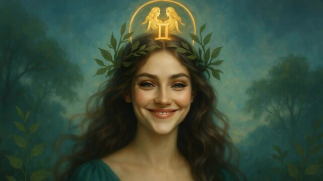 Portrait of a woman with a golden halo and leafy crown standing in a mystical forest setting Gemini zodiac sign