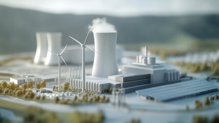 Obraz premium A conceptual design of a power plant with solar panels and wind turbines,