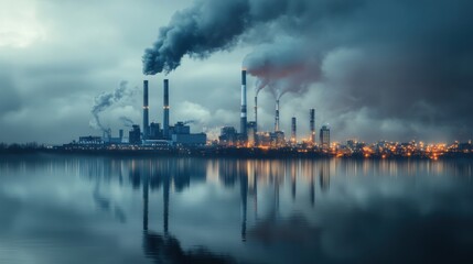 A conceptual image showing coal plants, oil refineries, and power stations with pollution clouds 