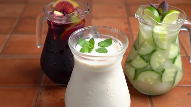 Jarras con Bebidas Refrescantes Caseras: Sangr&iacute;a, Agua de Horchata y Agua de Pepino