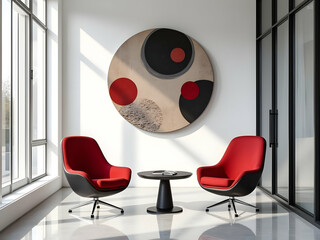 Modern minimalist interior with circular design elements, clean lines, and neutral tones
