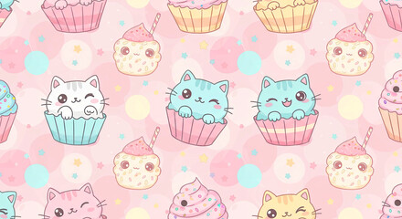 Cat in Cup Cake Pattern Wallpaper Background