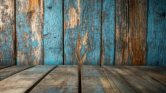 Rustic wooden background with aged blue and brown planks, creating a weathered texture.  Empty space ideal for product display