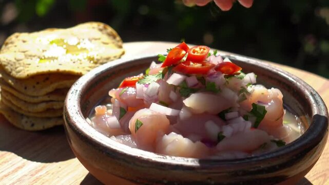 Ceviche Fresco de Pescado con Chile y Cebolla Roja, Servido con Tostadas