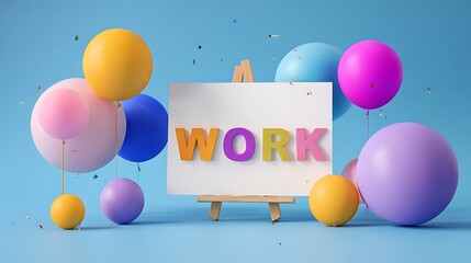 High quality photo of happy work anniversary celebration with colorful balloons and card.