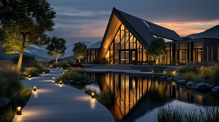Fototapeta premium Serene Evening at Modern Architecture: A captivating visual of modern architecture at dusk, as soft lights illuminate a picturesque pathway beside a tranquil pond, reflecting the elegant structure.