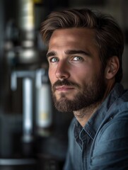 Obraz premium Moody Portrait of Handsome Bearded Man with Blue Eyes in Casual Style Against Vintage Background