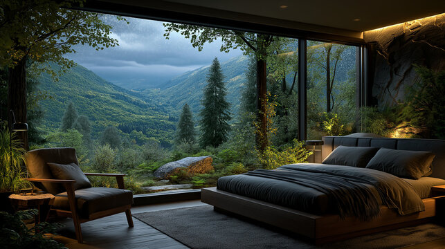Mountain View Bedroom: Wake up to breathtaking mountain views from the comfort of this luxurious bedroom, seamlessly blending indoor and outdoor spaces.