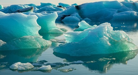 Frozen blue glaciers melt peacefully in the turquoise glacial lagoon