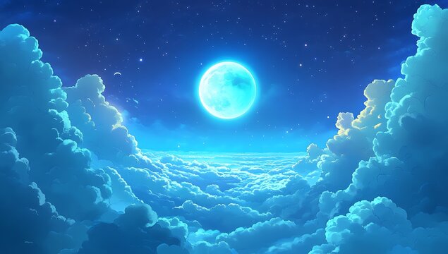 Dreamlike night sky above fluffy clouds full moon