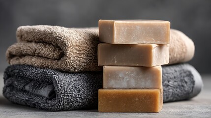 High quality photo of stacked Beige Soap Bars on Gray Towels.