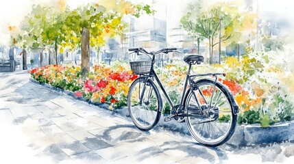Fototapeta premium Watercolor city bike, vibrant flowers, sunny sidewalk