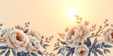 A border of delicate, light-colored floral blooms and leaves on branches, with a bright sun at the top right, creating a soft, ethereal glow.