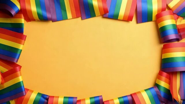 Vibrant rainbow ribbons border a plain, sunny yellow background, creating a cheerful and inclusive visual with empty space.