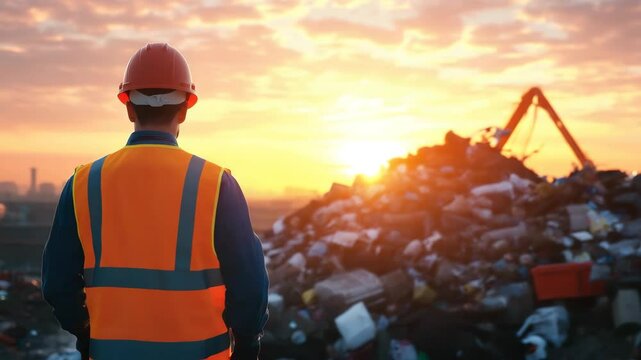 Worker in safety vest and helmet at landfill during sunset overseeing waste and garbage cleanup with heavy machinery, promoting environment care and responsible industrial practices