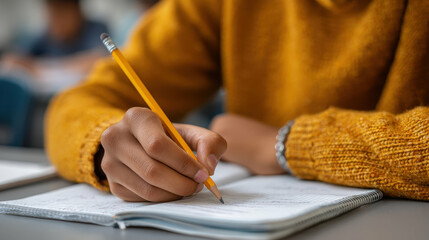 Close-up of students writing in notebooks