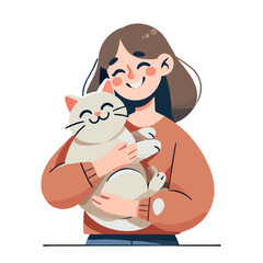 Smiling Woman Hugging White Cute Cat Cartoon Style Vector Illustration Design