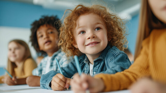 Happy diverse group of preschool kids in classroom