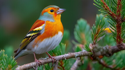 Obraz premium Vibrant Finch Perched on Branch: A colorful finch perches gracefully on a branch, showcasing its vibrant plumage against a backdrop of lush greenery and crisp details.