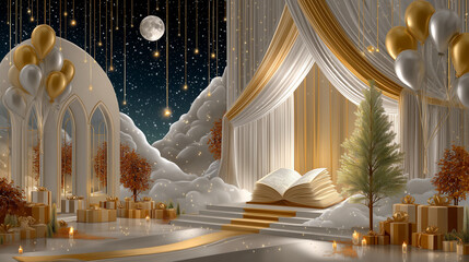 Enchanting Celebration Setting: An open book on the stage beside christmas tree in grand ballroom with golden and white ornaments, under moonlight.
