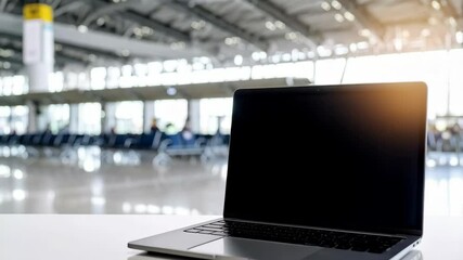 Close up of a laptop computer on a table with blurred background view of an airport waiting area, with chairs, waiting for flights - Powered by Adobe