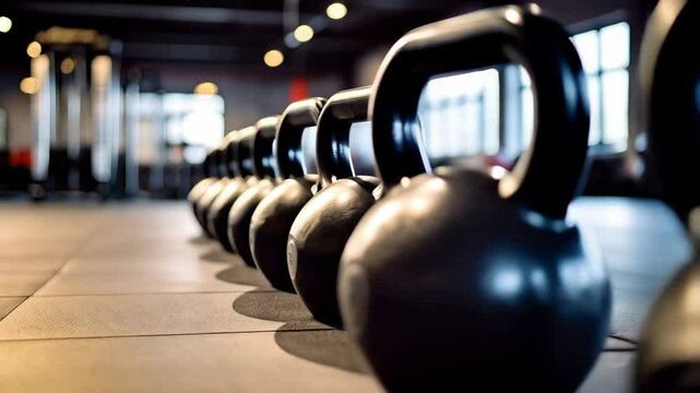 Row of black kettlebells aligned neatly on a gym floor, showcasing fitness equipment for strength and conditioning training indoors.