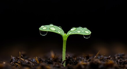 Fragile Beginnings: A Young Sprout Adorned with Dewdrops Shows Resilience