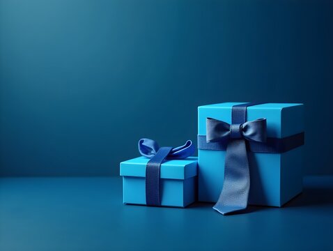 Happy Fathers Day background banner Two blue gift boxes with ribbon bow and necktie on dark blue table.