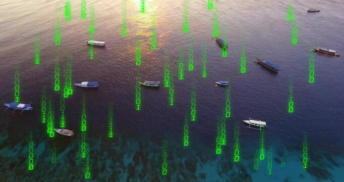 Drone capturing wooden boats drifting over reef, neon binary code raining symbolizing data fusion