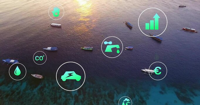 After aerial pause, green icons fading in, pulsing, shifting, aligning over water for eco metrics