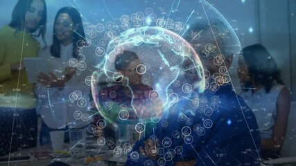 Team tapping devices at table reviewing tech data as holographic globe with network icons appearing - Powered by Adobe