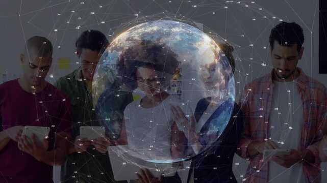 Six professionals tapping screens activating spinning globe showing network nodes in tech session