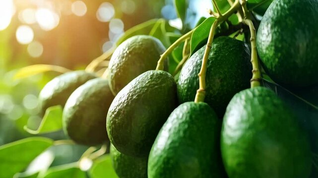 Fresh, ripe avocados growing on a tree branch with green leaves in the bright sunlight, showcasing healthy tropical fruit harvest.
