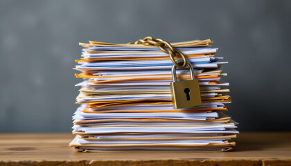 Secure documents are stacked neatly, bound by chain and padlock, symbolizing data protection and confidentiality. This conveys importance of safeguarding sensitive information