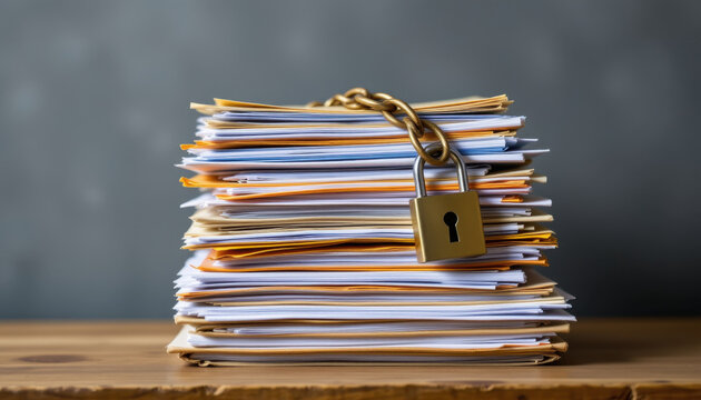 Secure documents are stacked neatly, bound by chain and padlock, symbolizing data protection and confidentiality. This conveys importance of safeguarding sensitive information - Powered by Adobe