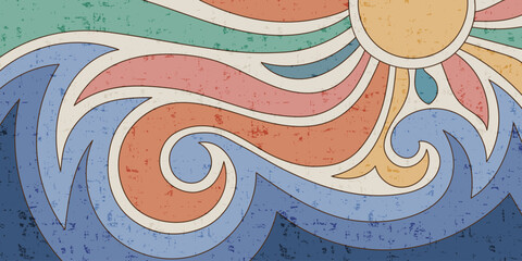 Abstract stylization of sea and sun, vintage colors and texture, vector drawing, cartoon illustration