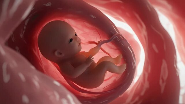 Detailed 3D rendering of a human fetus or embryo within the womb, symbolizing life, development, and medical science.