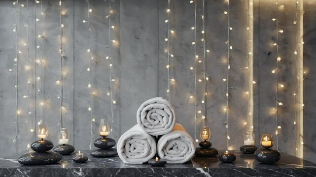 A pile of clean, rolled white towels with lit candles and fairy lights, creating a serene spa or bathroom atmosphere.