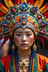 A portrait of a woman adorned in vibrant traditional attire, featuring a colorful headdress and intricate jewelry, showcasing cultural heritage.