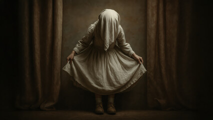 Theater of the strange, the absurd and macabre. A young girl takes a bow center stage at the end of a play, her identy hidden. Mysterious atmosphere.