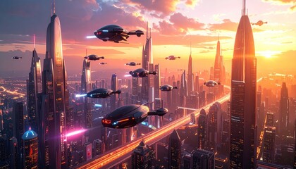 Metropolis Ascendant: Futuristic Cityscape with Airborne Transportation Networks