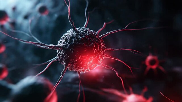 Cancer cell close up with red glowing effect, microscopic view of malignant tumor cells spreading dark background, detailed 3D illustration of disease and infection, medical biology and health