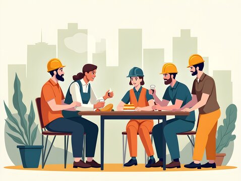 Construction workers enjoying lunch break in flat illustration style with colorful details art