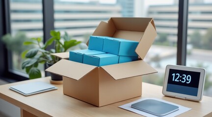 drop shipping store box clock logistic concept. Cardboard box with blue packages on a desk in an office setting.