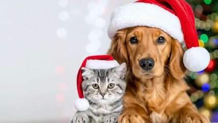 Adorable domestic pet dog and cat wearing festive red Santa hats posing together near a decorative tree with lights - Powered by Adobe