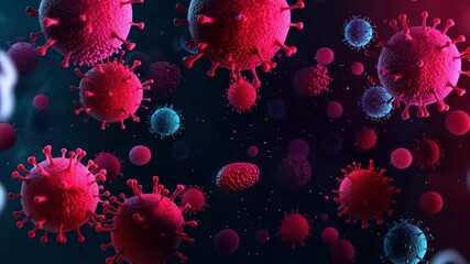 Coronavirus and virus particles floating dark space, detailed microscopic view of infectious disease causing pandemic spread with red and blue infection particles, microscopic pathogen biology health - Powered by Adobe
