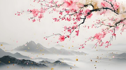 A stunning Japanese inspired wallpaper with soft pink flowers 