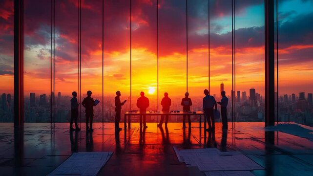 Silhouetted Business Meeting Against Sunset Skyline