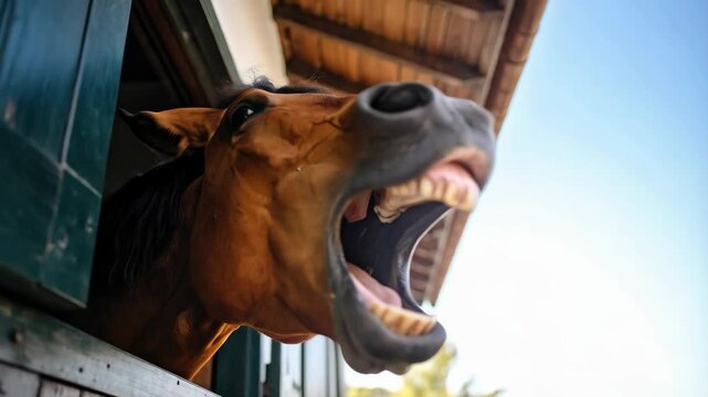 Close-up of brown horse looking out barn window with open mouth revealing teeth on sunny day, farm animal portrait
