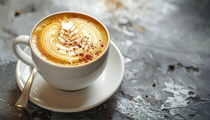 Artistic Coffee Indulgence: Close-up of Latte Art on textured background